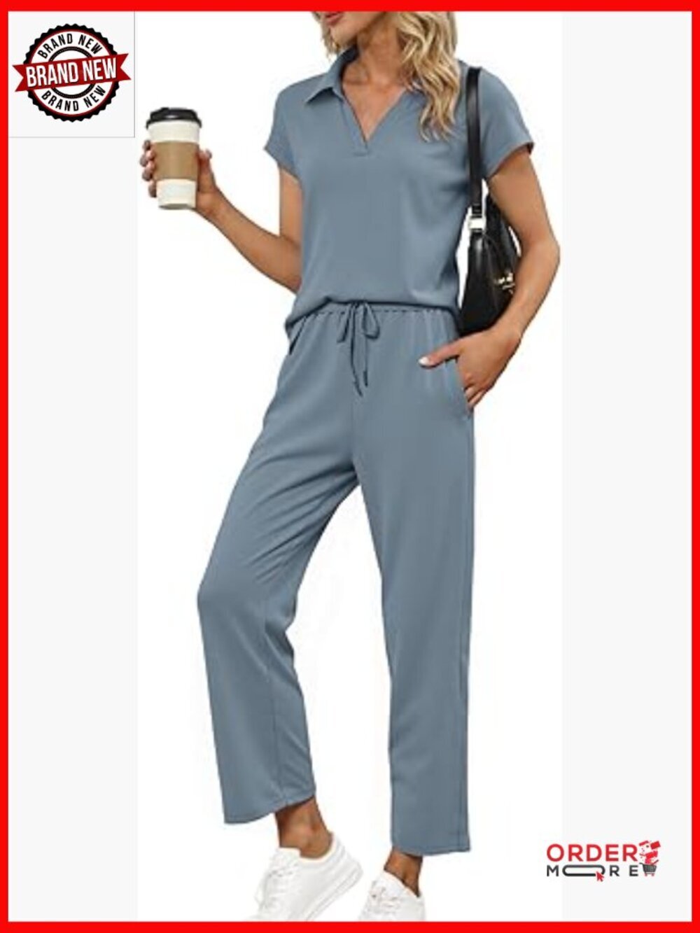 2 Piece Summer Lounge Set Cap Sleeve Polo Top Wide Leg Pant Tracksuit